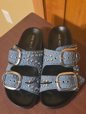 Nine West Flinne Studded Footbed Sandals in denim.